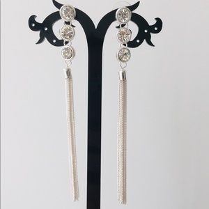 Rhinestone Long Silver Tassel Dangle Earrings